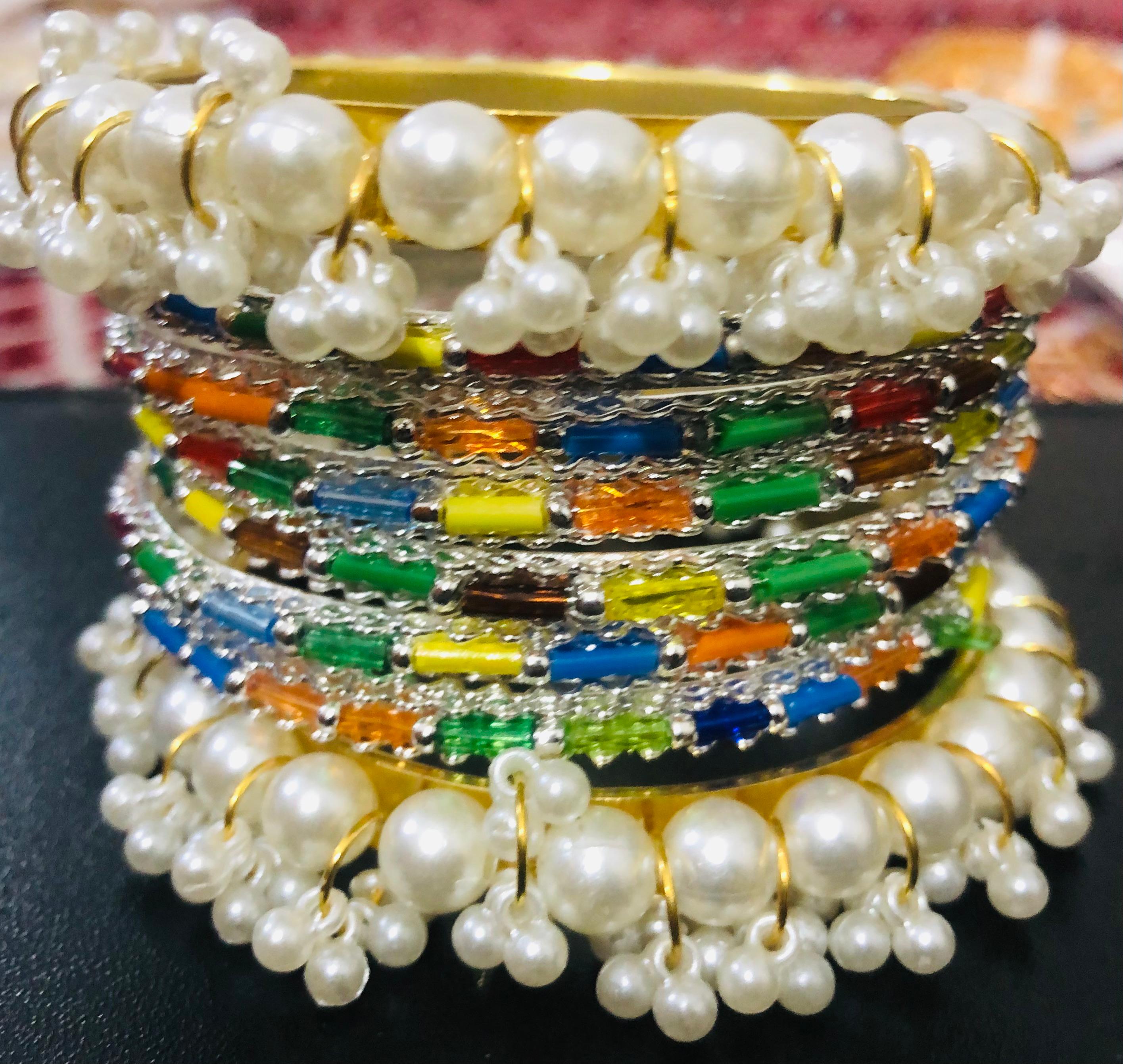 Vibrant Multicolor Crystal & Pearl Indian Bangle Jewelry Set