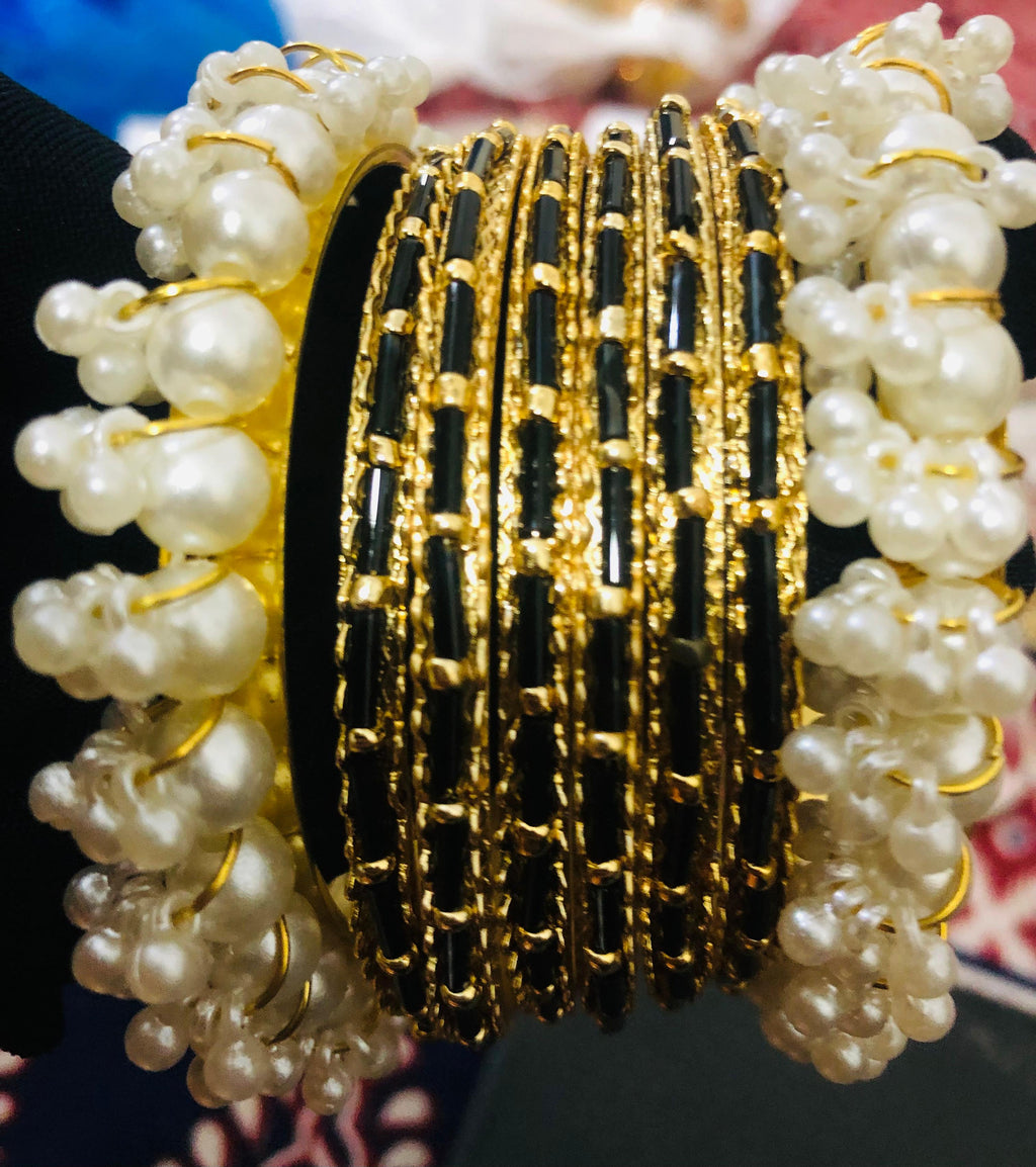 Elegant Black and Gold Pearl Jewelry Bangles