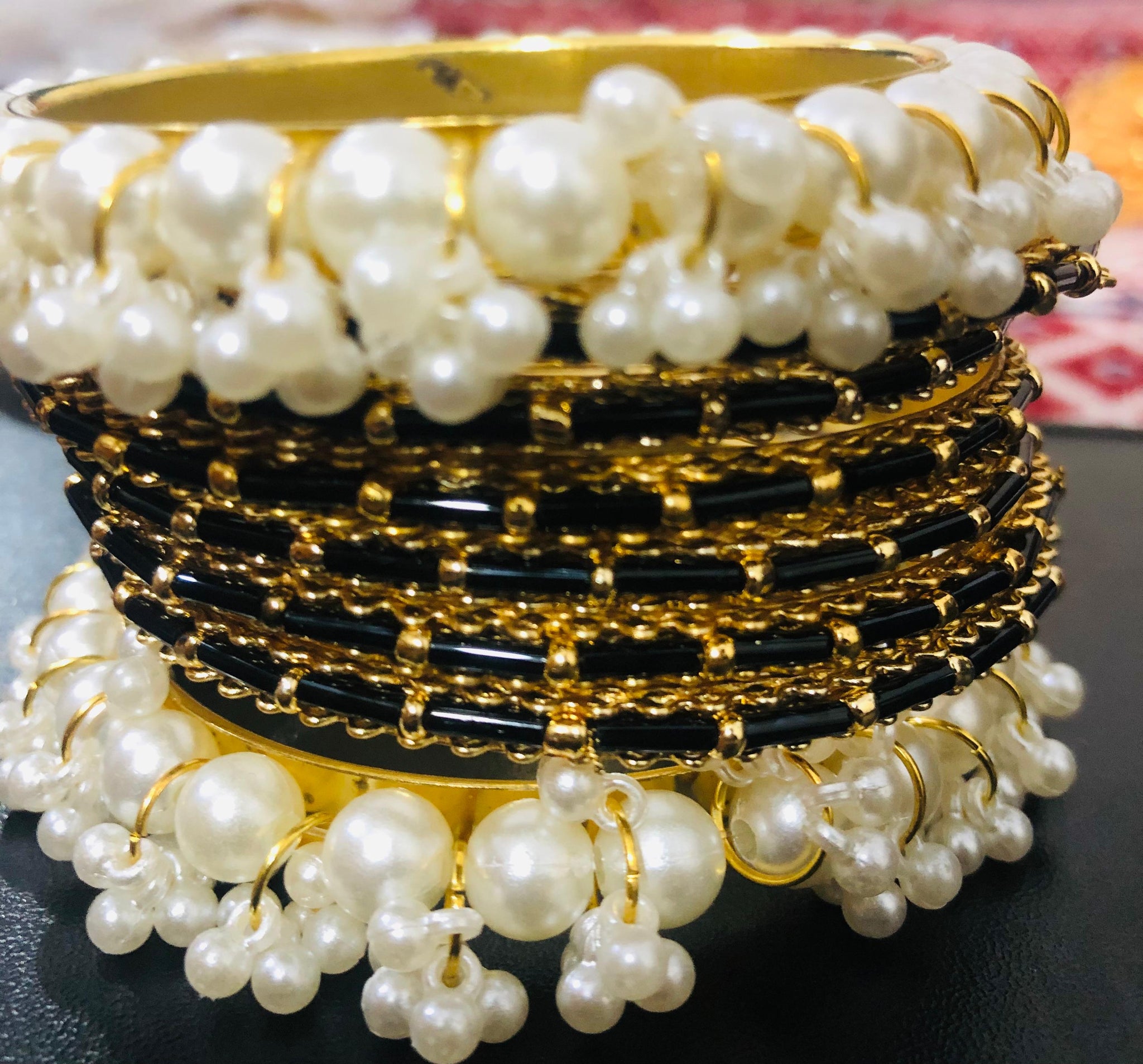 Elegant Black and Gold Pearl Jewelry Bangles