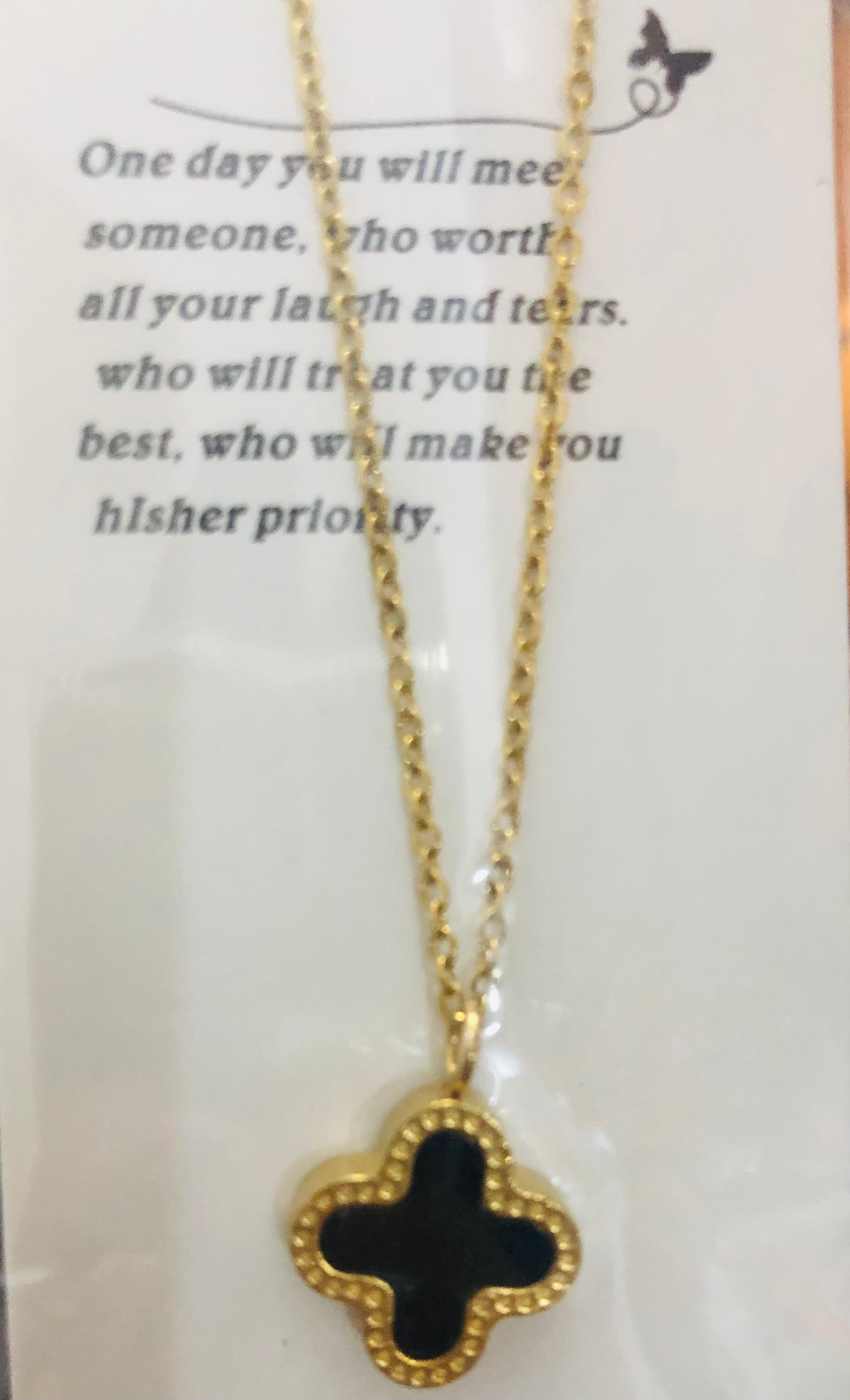 Lucky Clover Faith, Hope, Love Jewelry Necklace in Black and Gold