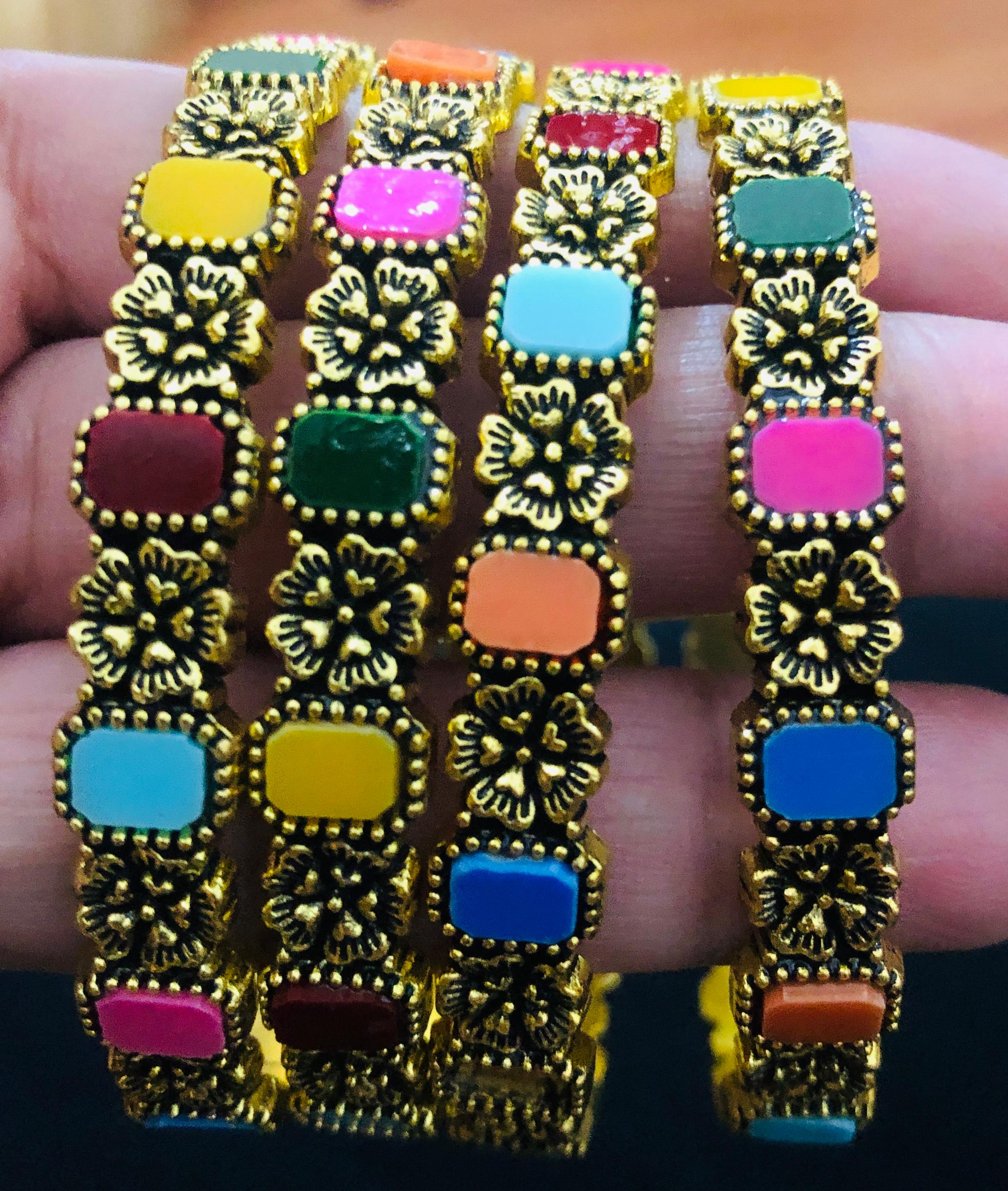 Bohemian Multicolor Enamel Bangle Set - Antique Gold Tone, Floral-Textured Indian Jewelry Bangles