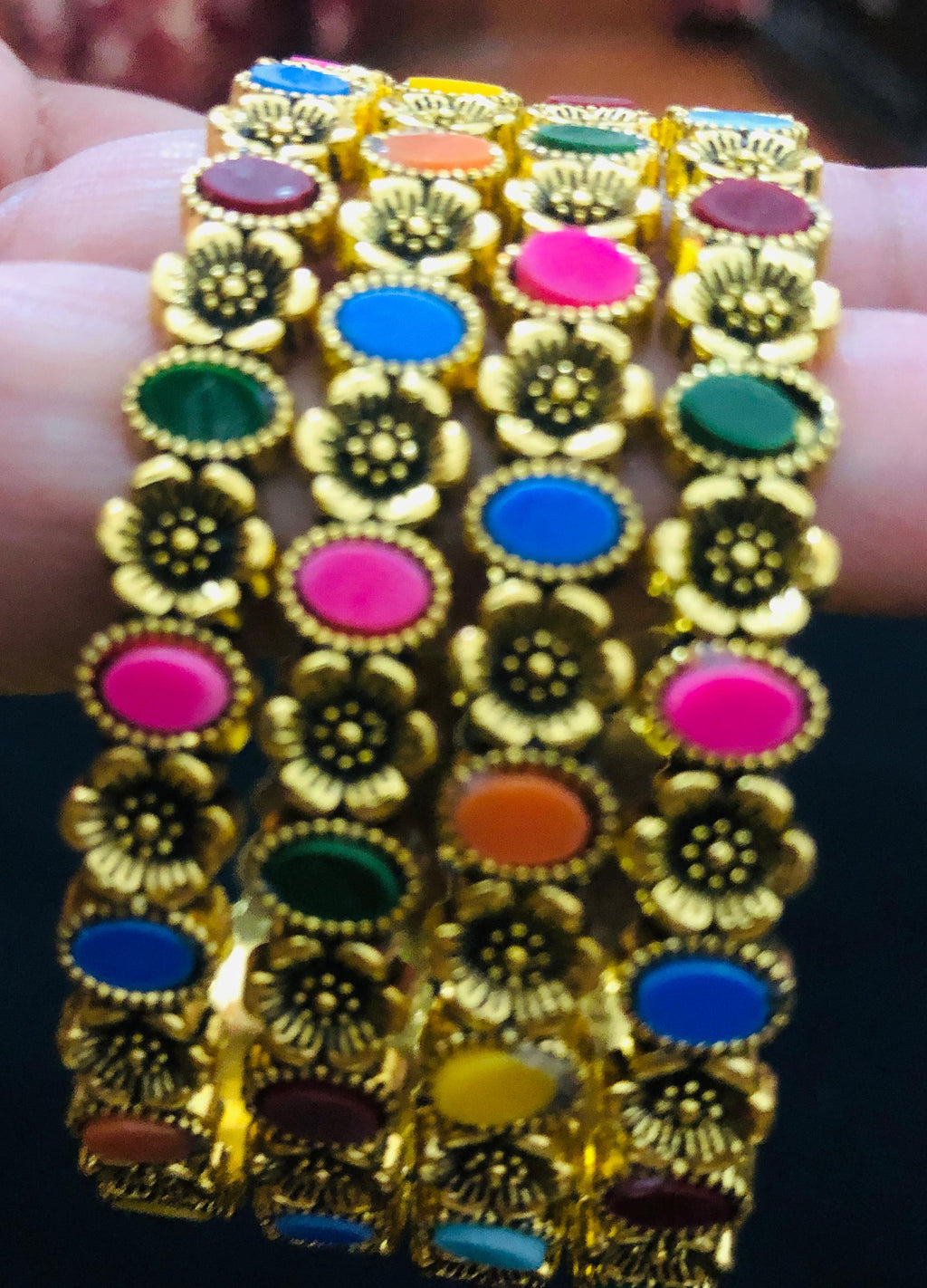 Bohemian Multicolor Enamel Bangle Set - Antique Gold Tone, Floral-Textured Indian Jewelry Bangles