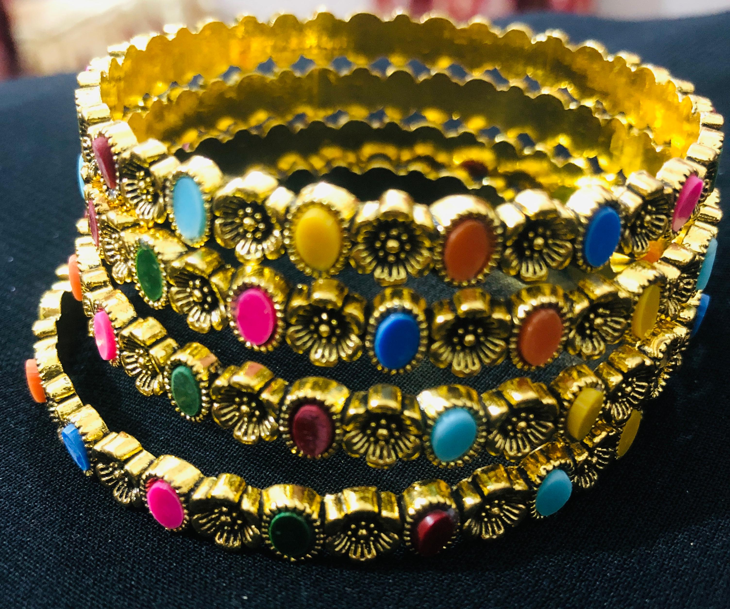 Bohemian Multicolor Enamel Bangle Set - Antique Gold Tone, Floral-Textured Indian Jewelry Bangles