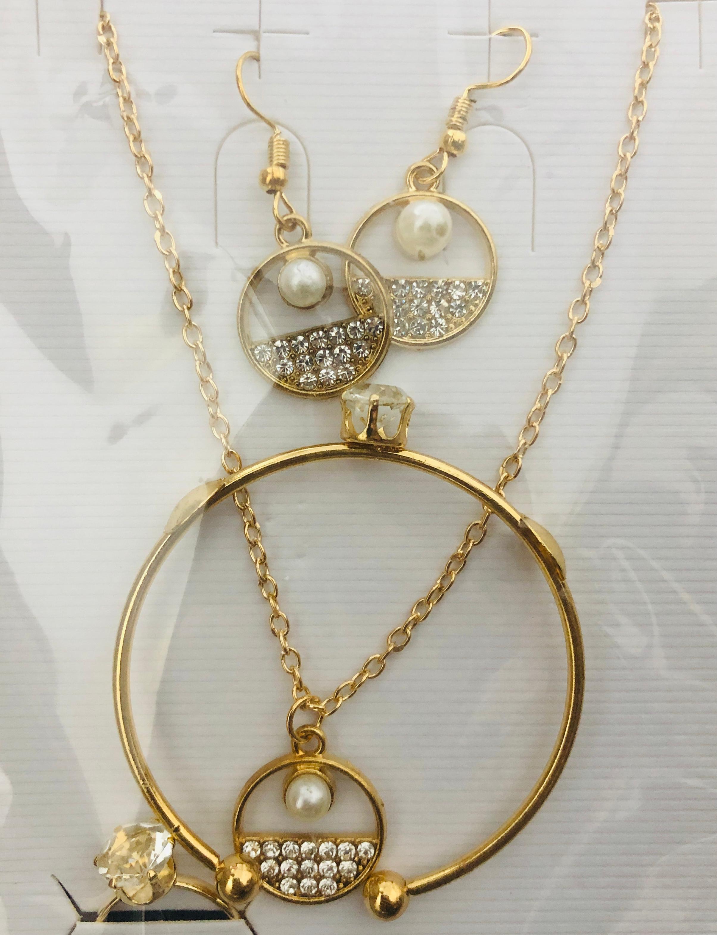 Minimalist Pearl & Crystal Circle Jewelry Set - Gold Tone Necklace and Dangle Earrings with Clear Accents