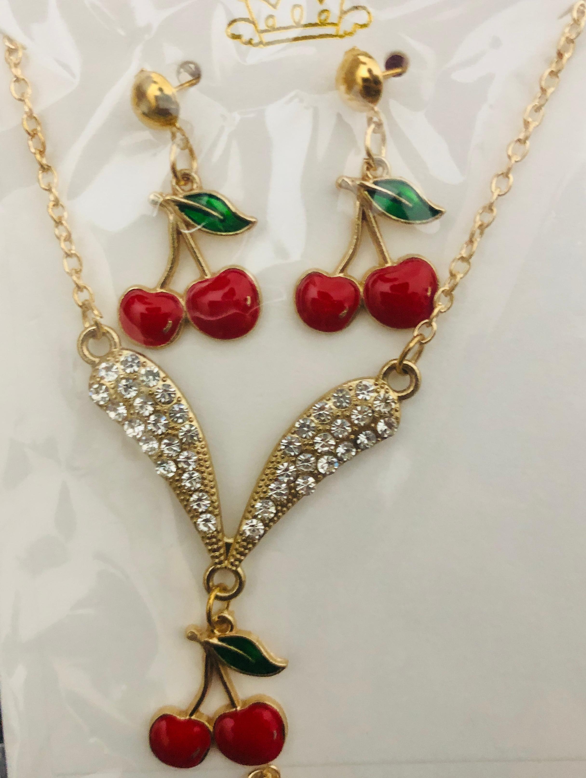 Sweet Cherry Charm Jewelry Set - Gold Tone Necklace and Dangle Earrings with Red Enamel & Crystal Accents