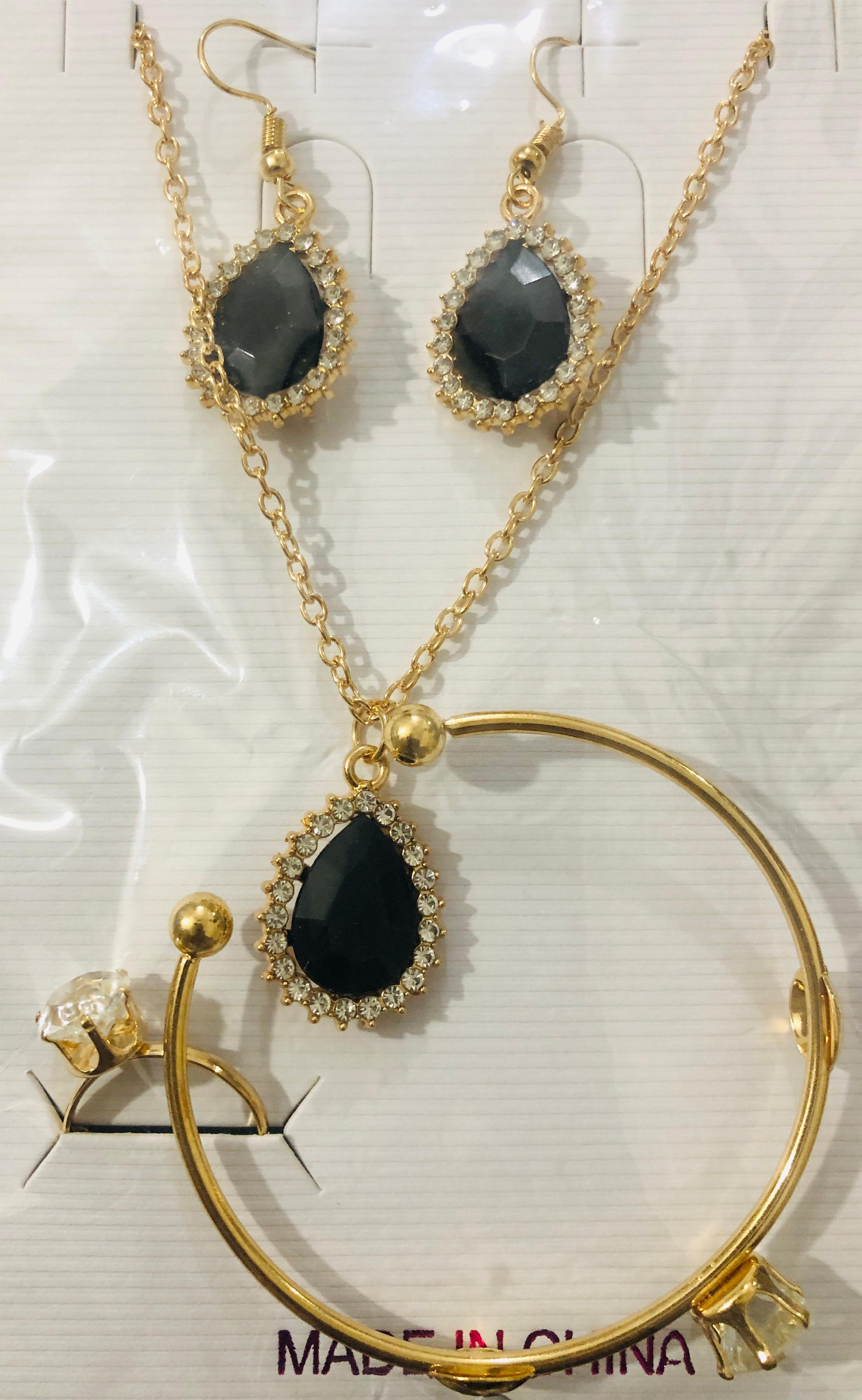 Glamorous Black Onyx Teardrop Jewelry Set - 4-Piece Gold Tone Necklace, Earrings, Bangle, and Ring Ensemble