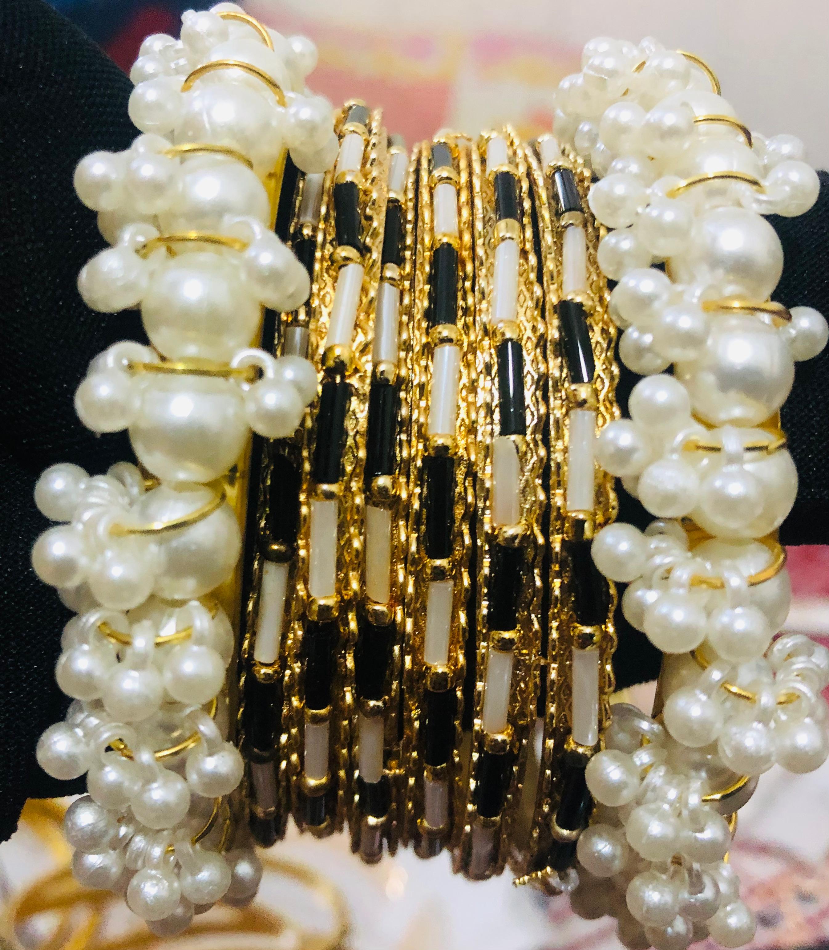 Elegant Black and Gold Pearl Jewelry Bangles